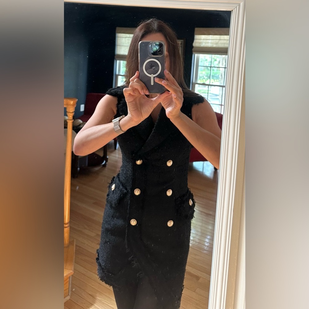 Alara Black Asymmetrical Dress with Gold Buttons